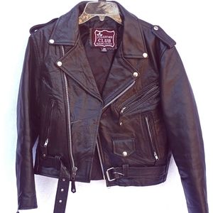 Black Leather Motorcycle Biker Jacket 36 Small Medium Leather Club